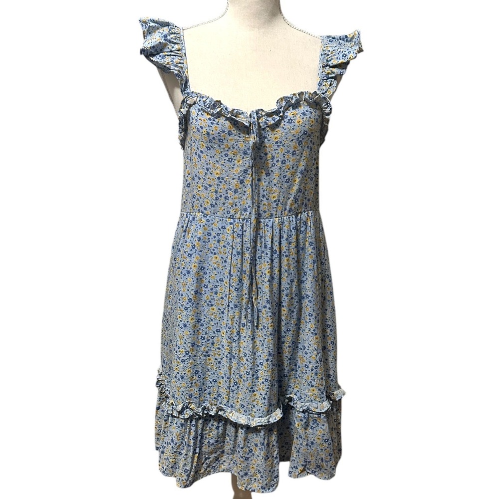 Light Blue Floral Ruffle Tiered Mini Sundress Women's L Smocked Coquette Prairie